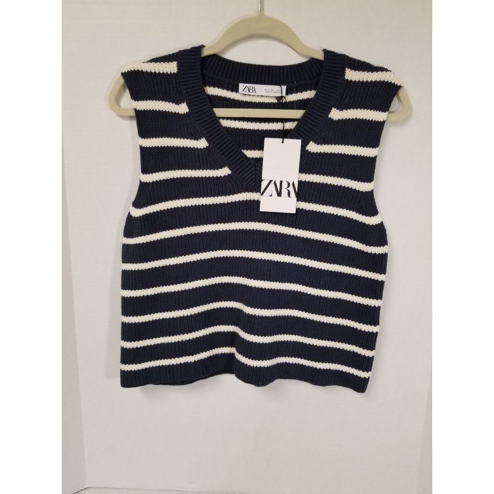 Zara Vneck sleeveless crop sweater blue white stripe size S